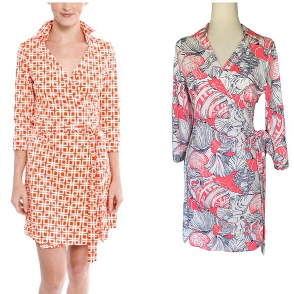 Julie Brown NYC Milo Wrap Shirt Dress in Neon Coral Pink Shell Print - L - Picture 1 of 13